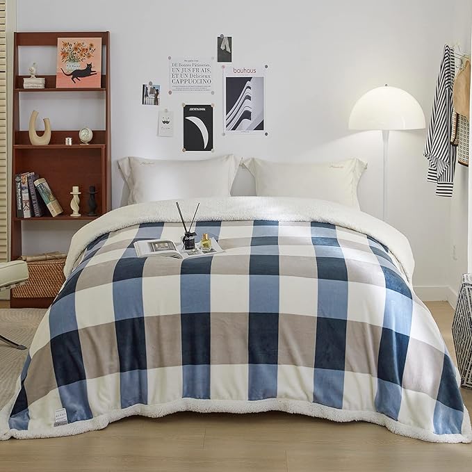 PU MEI Sherpa Fleece Throw Blanket 80" x 90" Full/Queen Reversible Plush Fluffy Extra Large Big Blanket Lattice Flannel Blankets for Sofa Couch Bed (Grey-Soft Blue, 80"*90")