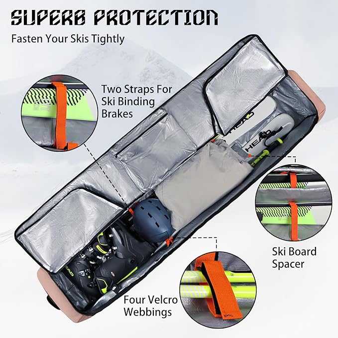 Goloni Ski Bag with Wheels,Padded Snowboard Bag for Air Travel,600D Waterproof Fabric,Foldable Snow Bag Fits 2 Pairs Skis