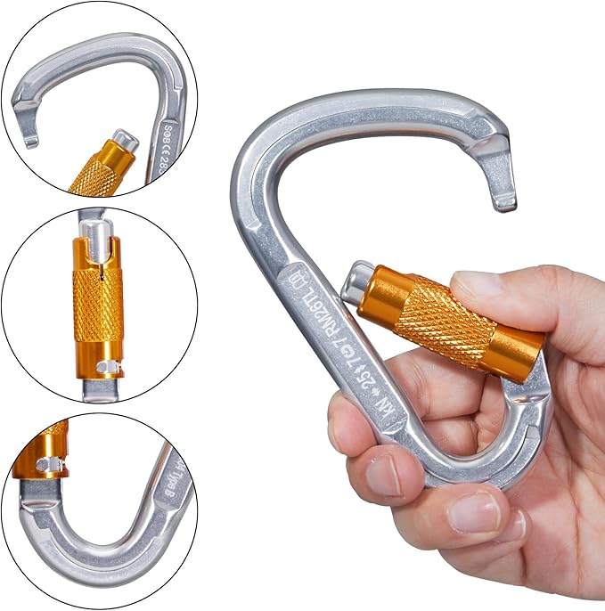 Auto Locking Rock Climbing Carabiner Clips, Heavy Duty Asymmetrical Carabiner Connector Used for Rappelling Rescue Outdoor Climbing, Mountaineer, Hammock, Camping