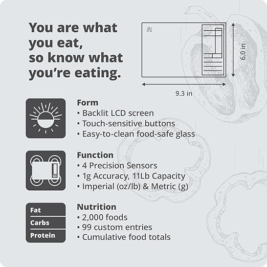 Greater Goods Nutrition Scale (Non‑Connected) – Food Grade Glass, 2,000 Food Codes Preloaded, Compact (9.33"x6.02"x0.91") for Portion Control & Meal Prep