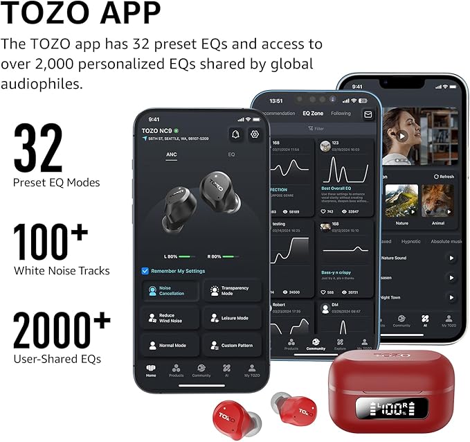 TOZO NC9 Hybrid Active Noise Cancelling Wireless Earbuds, 6 Mics ENC Clear Call, IPX8 Waterproof, in Ear Bluetooth 5.3 Headphones Stereo Bass Ear Buds 59H Playtime with LED Display 32 EQs via APP