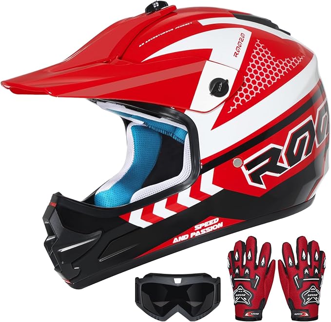 Youth Dirt Bike Helmet DOT Certified - Full Face Motorcycle Helmet for Off-Road, ATV, Street Riding, Includes Adjustable Goggles & Protective Gloves