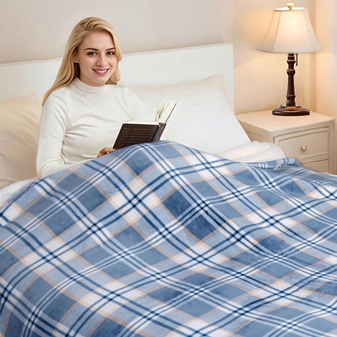 PU MEI Sherpa Blanket Queen Plaid Thick Bed Blanket, 80”*90” Super Soft Flannel Fuzzy Fleece Reversible Velvet Plush Warm Blanket for Couch (Blue White Check)
