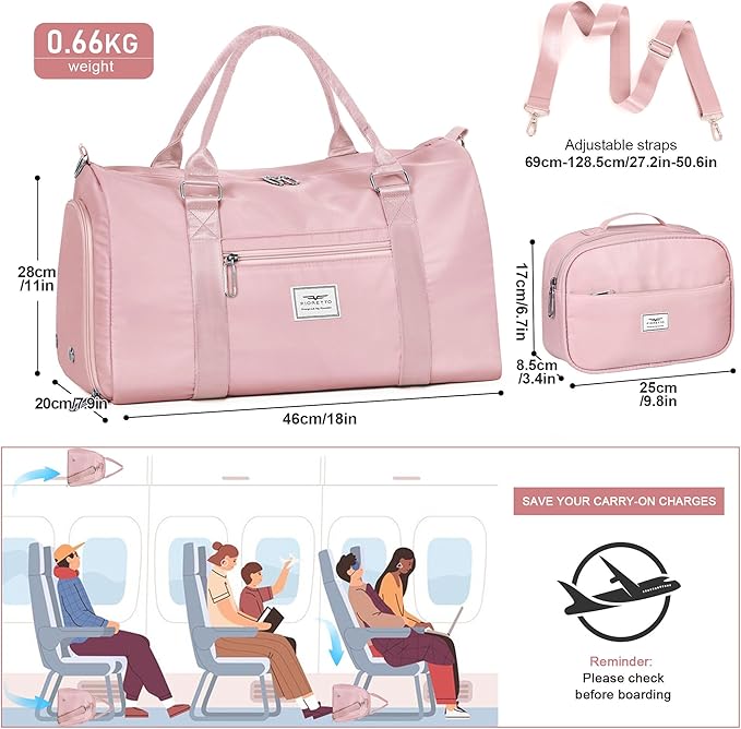 FIORETTO Womens Gym Tote Duffle Bag with Toiletry Bag, Sports Duffel Overnight Hospital Workout Carry on for Girls with Wet Pocket & Shoe Compartment, Ideal for Travel, Swimming, Dance Pink
