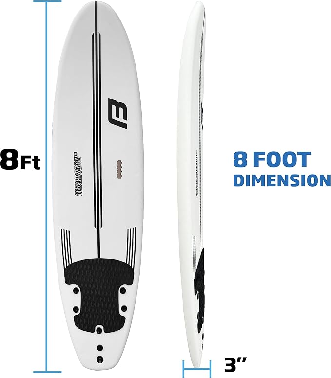 FLOWBOARD Surfboard Softboard Foam - Include (3) Fins 6’ Foot Leash and (2) Wood Stringers Inside Board Availalable in 6' and 7' Short Board and 8' Longboard