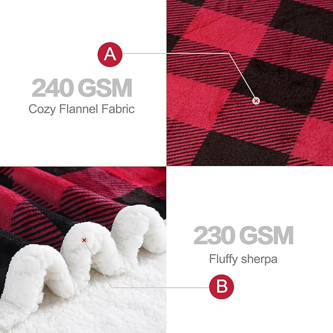 PU MEI Sherpa Fleece Throw Blanket 80" x 90" Reversible Plush Fluffy Large Big Blanket Lattice Flannel Blankets for All Season Use, Red and Black
