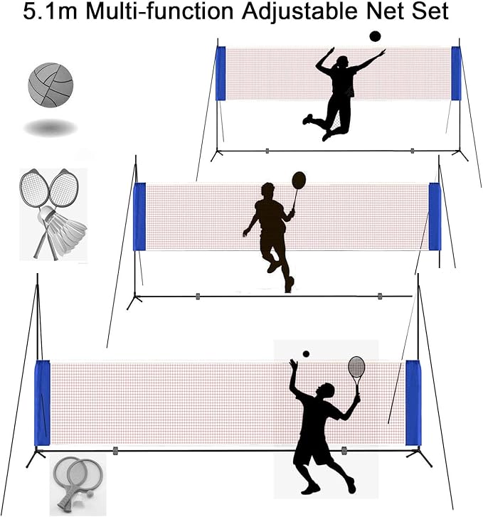 Portable Height Adjustable Badminton Volleyball Tennis Net Set Multi-Purpose Sports Equipment with Poles Stand and Carry Bag for Kids Adult Outdoor Exercise