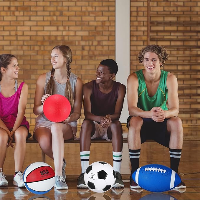 Deekin 8 Pcs Sports Balls Set for Kids Adult Assorted Football Basketball Soccer Playground Balls Official Size with Bags Pumps Outdoor Sports Equipment Athletic Gift Back to School