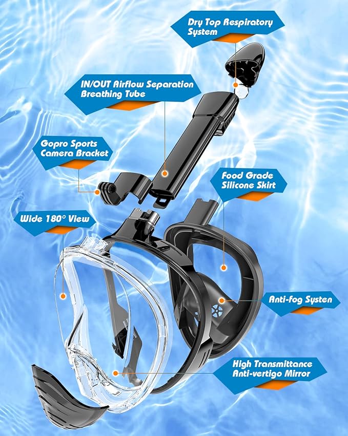 QingSong Full Face Snorkel Mask for Adults, Snorkeling Gear with Camera Mount, 180 Degree Panoramic View Snorkel Set Anti-Fog Anti-Leak