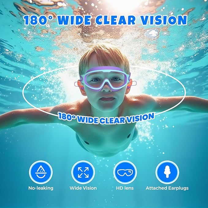 Swim Goggles for Kids 3-15 with Earplugs Large Frame Anti-Fog/UV Swimming Goggles for Boys Girls Toddler 2PCS