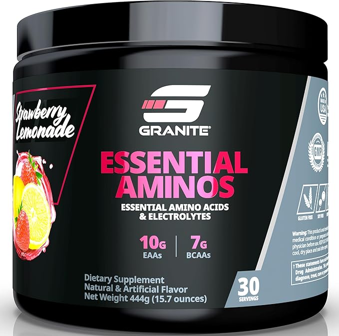 Granite Essential Amino Acids Powder for Muscle Recovery and Growth with 10g EAAs and 7g BCAAs - Soy-Free, Gluten-Free, 448g (30 Servings), Strawberry Lemonade