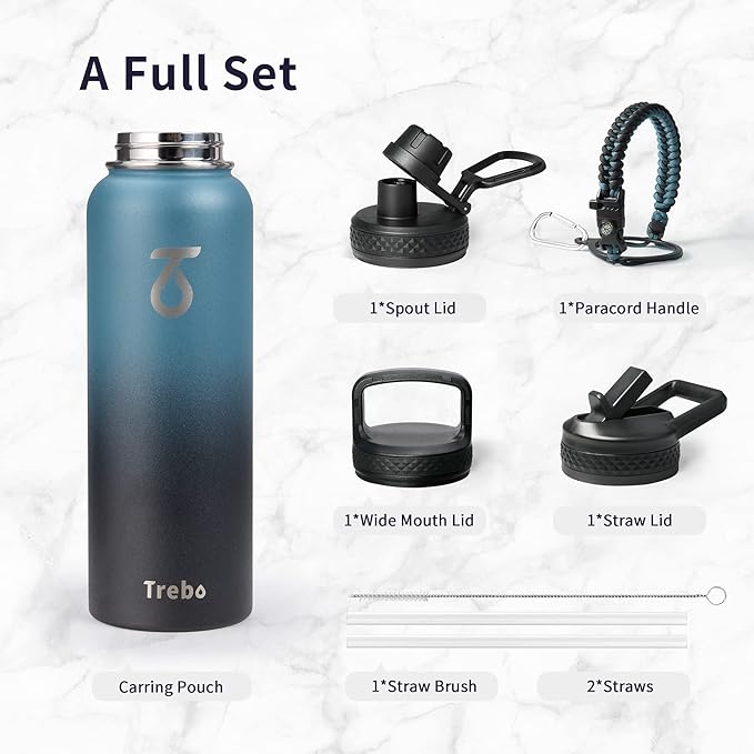 Trebo Water Bottle Insulated 40oz with Paracord Handle, Vacuum Double Wall Stainless Steel Water Jug, 48hr Cold Retention, Leakproof BPA-Free Flask With 3 Lids Fits in Car Cup Holder, Indigo/Black