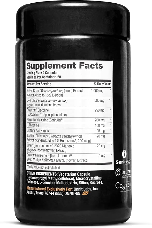 ONNIT Alpha Brain Black Label Capsule (80ct) Premium Citicoline Brain Supplement - Focus, Concentration & Memory - Lion's Mane, Hericium Erinaceus, L Theanine & Mucuna Pruriens