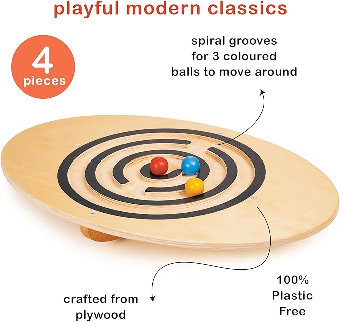 Mentari Toys - Wobble Board - 4pc Balance Maze with Colorful Balls - Wooden Balance Board for Core Strength and Coordination - Develops Focus and Motor Skills in Kids - Age 3+
