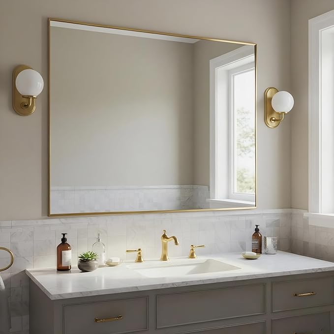 27x36 Inch Brass Bathroom Mirror for Wall, Aluminum Frame Rectangle Rectangular Vanity Mirror, Modern Large for Bedroom, Living Room, Horizontal or Vertical