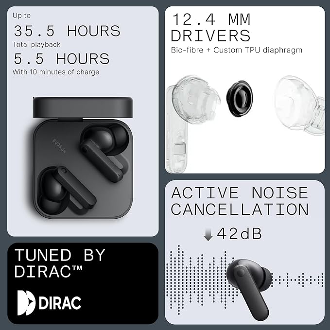 CMF Buds 2a Wireless Earbuds 2025 New Active Noise Cancelling 42dB Hybrid ANC Bluetooth Headphones, 12.4mm Dynamic Driver for Big Bass, 4 Mic Clear Calls, Sport Ear Buds for iPhone, Android, Dark Grey
