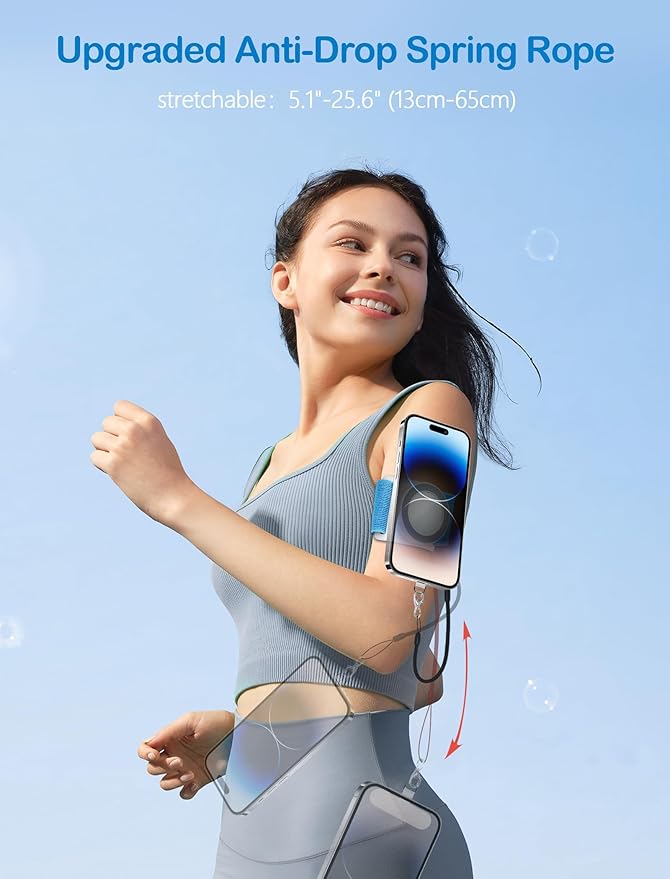 TOPGO Magnetic Running Phone Holder for iPhone, HD Mirror & Extendable Anti-Drop Rope for Gym/Yoga, 360° Rotatable Wrist Phone Holder, Fits iPhone 16 Pro & Android (Blue, 2 Straps)