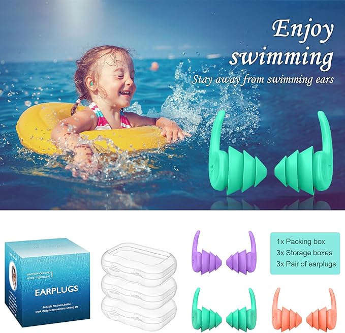 Kids Swimming Ear Plugs,3 Pairs Waterproof Reusable Silicone Child Swim Earplugs for Swimming Surfing Bathing Showering,Small Children Water Ear Plugs Suitable for Boys and Girls (Kids 4-12 Years Old)