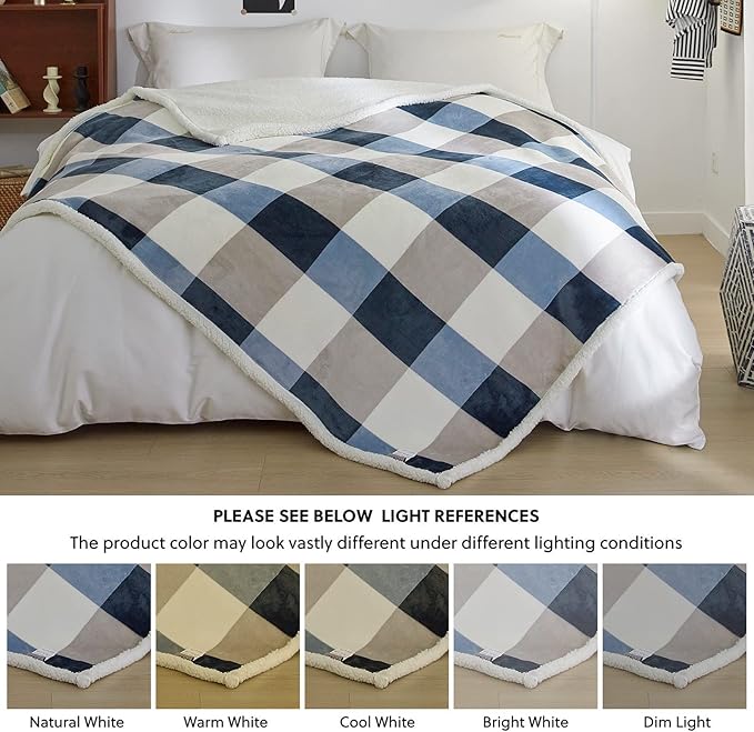 PU MEI Sherpa Fleece Throw Blanket 60" x 80" Reversible Plush Fluffy Large Big Blanket Lattice Flannel Blankets for Sofa Couch Bed (Grey-Soft Blue, 60"*80")