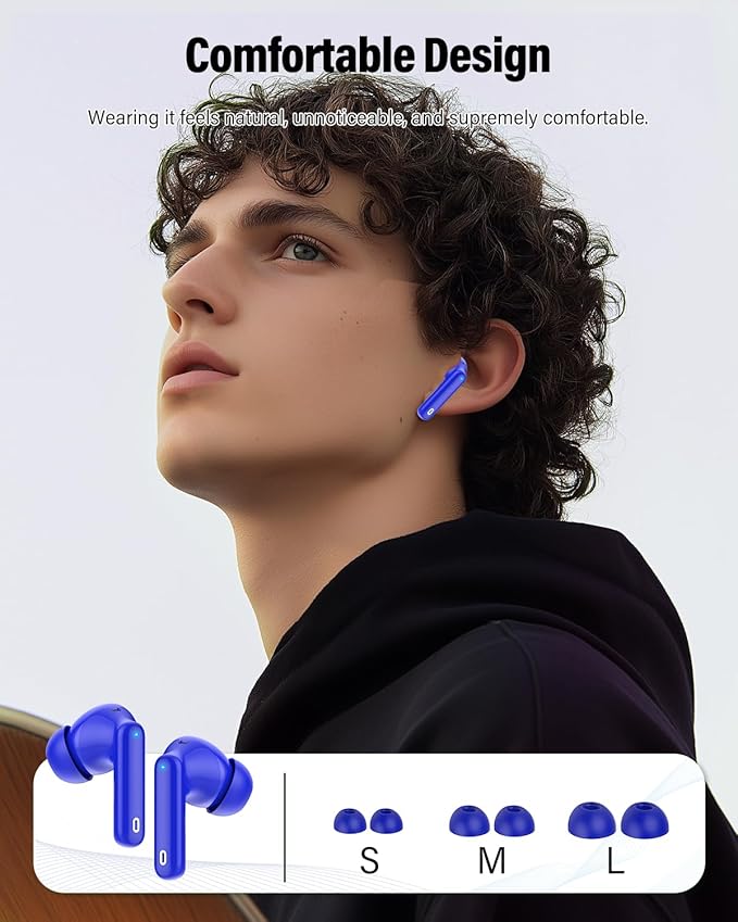 Wireless Earbuds, Bluetooth 5.4 Headphones Bass Stereo, Ear Buds with Noise Cancelling Mic, IP7 Waterproof in Ear Earphones, 36H LED Display Bluetooth Earbuds for Laptop Pad Phones Sports, Blue