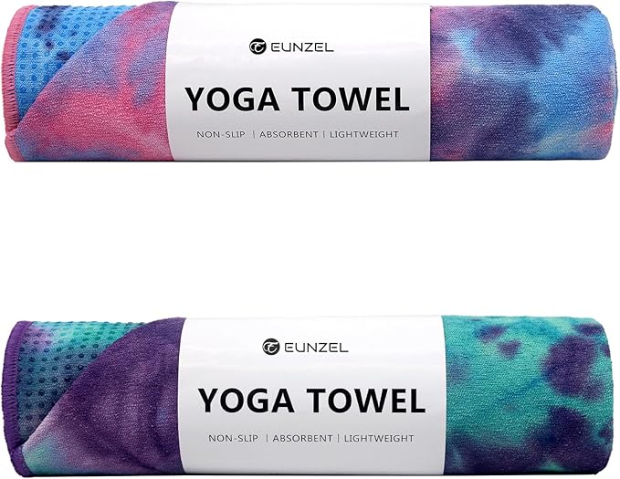 Eunzel 2 Pack Hot Yoga Towel with Grip Dot, Non Slip Yoga Mat Towe Sweat Absorbent Towel for Hot Yoga,Bikram, Pilates and Fitness 72" x 24", Purple & Pink/Green & Purple