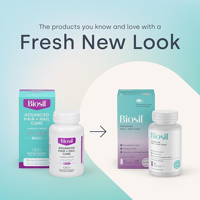 Biosil Advanced Hair + Nail Care - Growth Vitamins for Women - Strengthen & Thicken Strands - 60 Capsules - Patented ch-OSA - 30-Day Supply