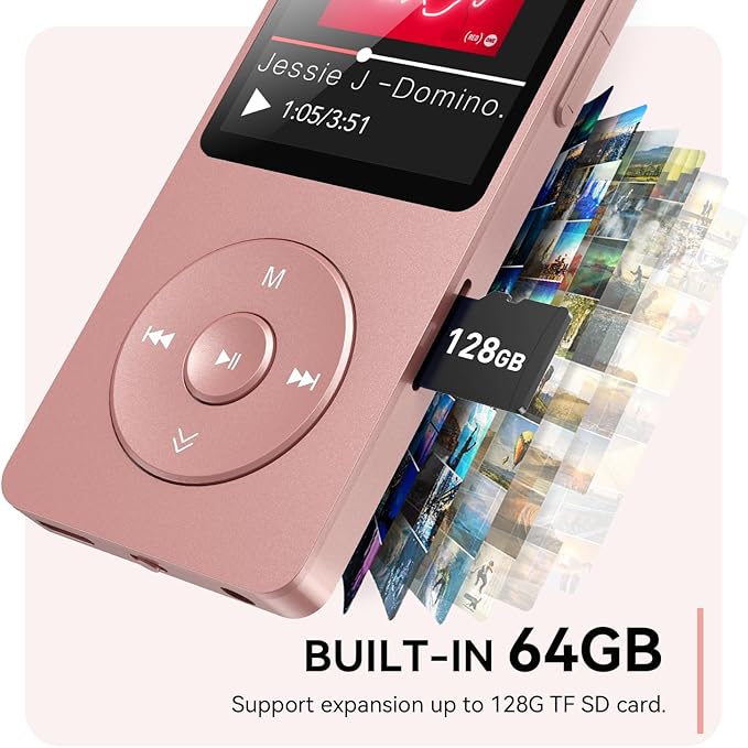 AGPTEK A02 MP3 Player with Bluetooth 5.3, 1.8 inch Screen Portable Music Player with Speaker, FM Radio, Voice Recorder, Supports Expanded Up to 128GB(Rose Gold, 64GB)