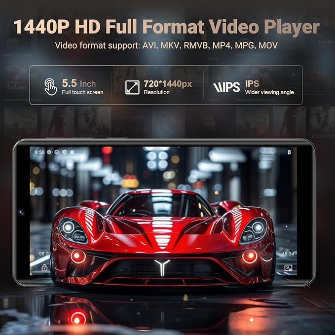 128GB MP3 Player with Bluetooth and WiFi, Android 13.0, 5.5" HD Touchscreen, 13MP Camera, Preloaded Spotify, Pandora, 1TB Expandable & Parental Controls Black