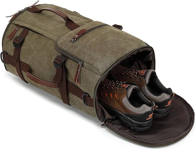 Kalesi Gym Duffle Bag Backpack 4-Way Vintage canvas with Shoes Compartment for travel Sport Hiking laptop (Vintage green)