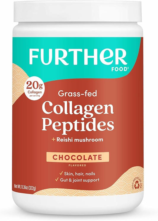 Further Food Chocolate Collagen Peptides Powder, Grass-Fed Pasture-Raised Hydrolyzed Type 1 & 3 Protein, Gut Health + Joint, Hair, Skin, Nails, Paleo Keto Sugar-Free 11.36 oz