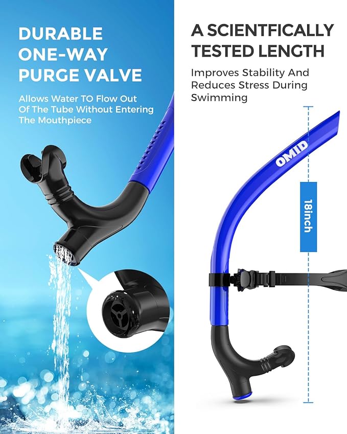 OMID SN1 Snorkel for Adult Youth, Diving Snorkel with One-Way Purge Valve, Food-Grade Silicone Mouthpiece