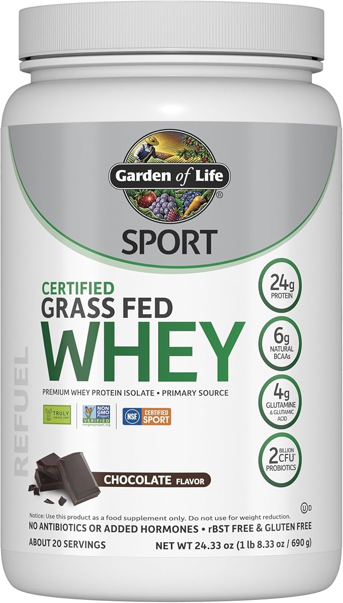 Garden of Life Sport Whey Protein Powder Chocolate, Premium Grass Fed Whey Protein Isolate Plus Probiotics for Immune System Health, 24g Protein, Non GMO, Gluten Free, Cold Processed - 20 Servings