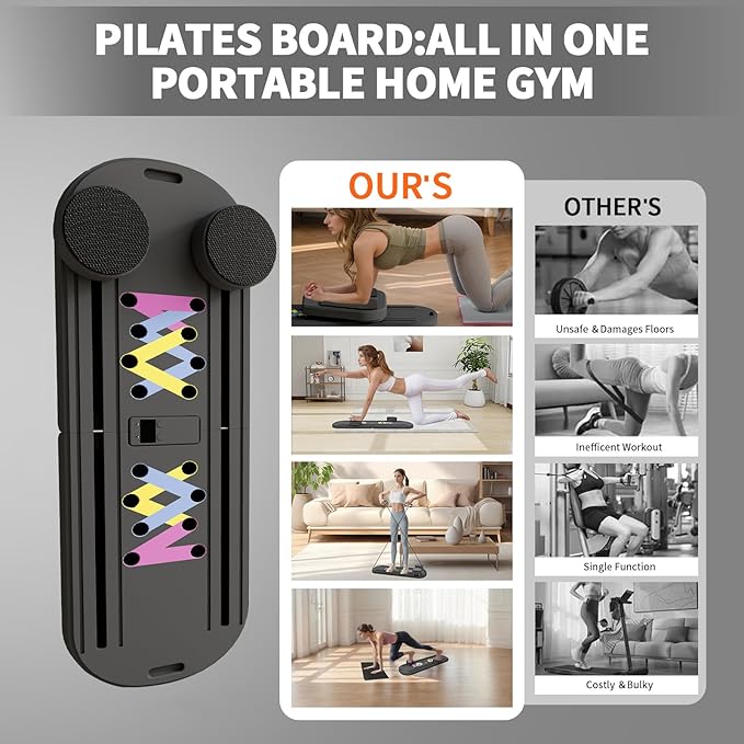 Pilates Reformer Board, 6 in 1 Portable & Foldable Pilates Reformer Set with Resistance Bands, Pilates Board for Home Workout, Multifunctional Abdominal Board