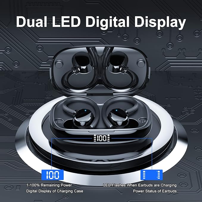 Wireless Earbuds, HiFi Stereo Sport Bluetooth 5.3 in-Ear Headphones with Earhooks, 48H Deep Bass, LED Display, Noise Cancelling, IP7 Waterproof Earphones Built-in Microphone for Running