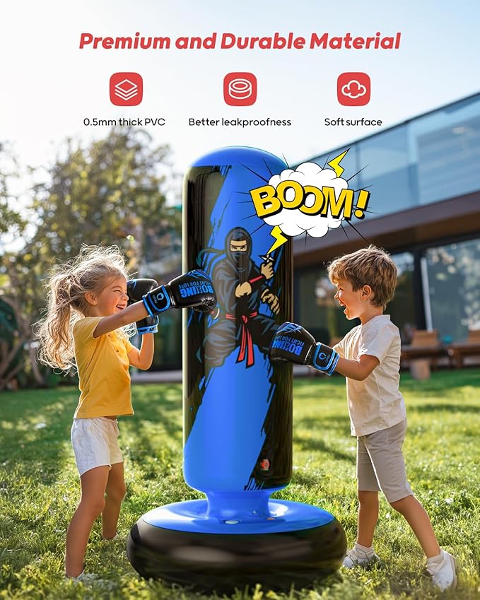 QPAU Punching Bag for Kids, 66 Inch Stable Inflatable Boxing Bag with Boxing Gloves, Stand Kids Punching Bag Toy for Boys & Girls Age 6-12, Boxing Set for Practicing Karate, Taekwondo, MMA