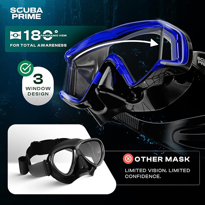 Pano 3 Scuba Diving Mask, Tempered Glass Snorkel Mask Three-Window Scuba Mask No-Leak Dive Mask Silicone Skirt Diving Mask for Snorkeling and Scuba Use