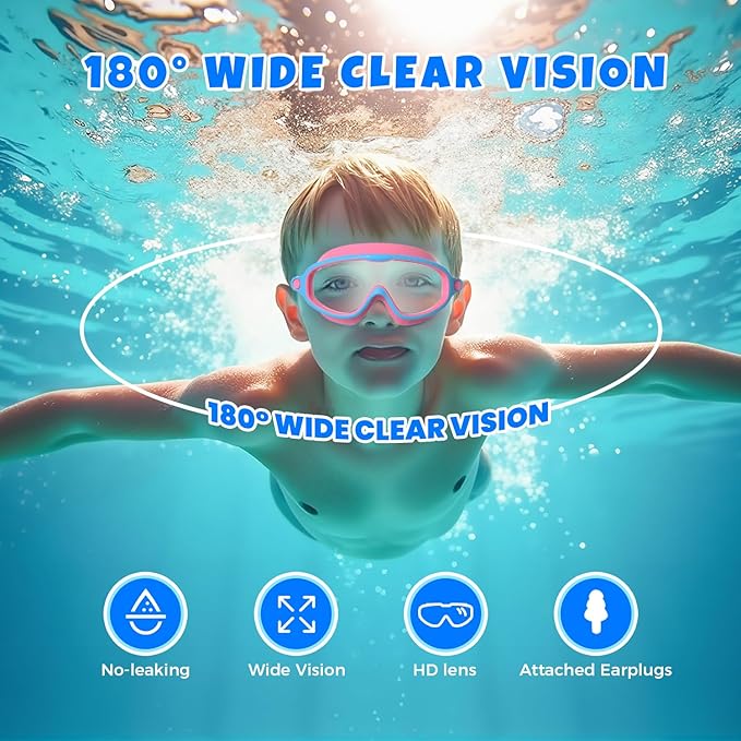 Swim Goggles for Kids 3-15 with Earplugs Large Frame Anti-Fog/UV Swimming Goggles for Boys Girls Toddler 2PCS
