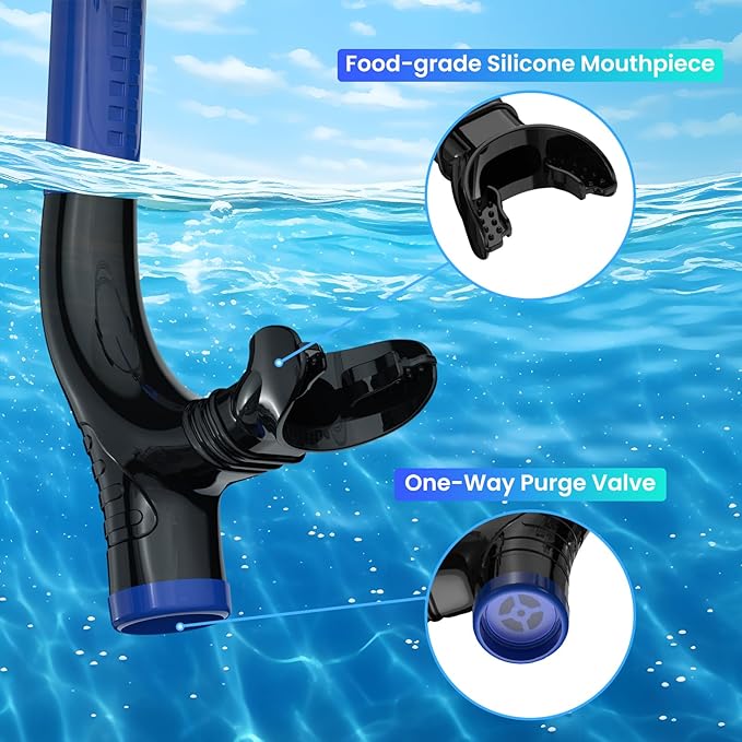 Swimmer's Snorkel for Lap Swimming, Adult Snorkeling Gear Swim Training, Center-Mount Silicone Mouthpiece One-Way Purge Valve in Pool and Open Water