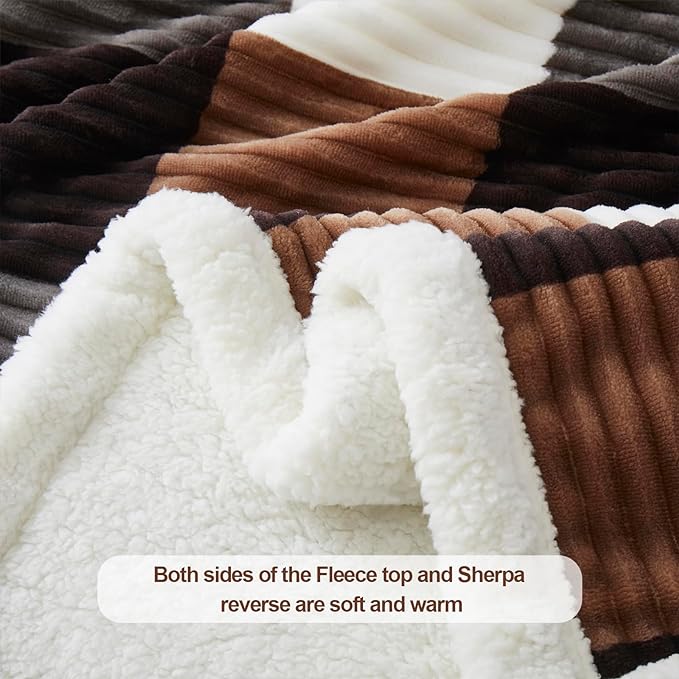 PU MEI Sherpa Blanket Twin Plaid Thick Bed Blanket, 60”*80” Super Soft Flannel Fuzzy Fleece Reversible Velvet Plush Warm Blanket for Couch(Brown-Check, 60"*80")