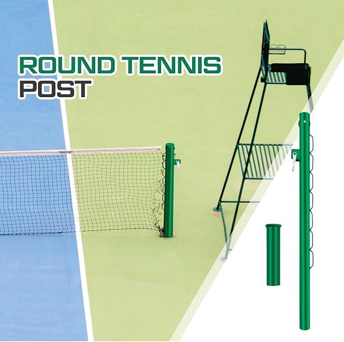 Tennis Posts with Net Crank Outdoor Heavy Duty Professional Green Tennis Permanent Court Kit for Net Quick Fixation System Equipped with a Cable Reel
