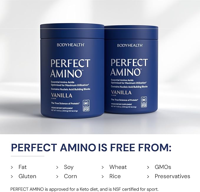 BodyHealth PerfectAmino Powder - BCAA and EAA Powder for Pre and Post Workout - Amino Acid Energy Drink to Support Lean Muscle and Recovery - NSF Certified for Sport - Vanilla - 66 Servings
