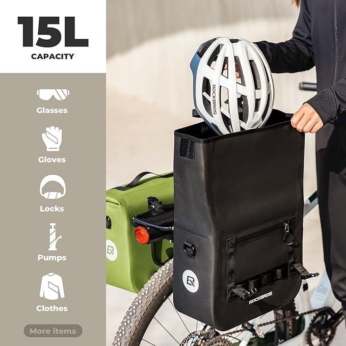 ROCKBROS Bike Panniers 15L Capacity Waterproof Bike Rack Bag Bicycle Panniers for Cycling Commuting Bikepacking Green