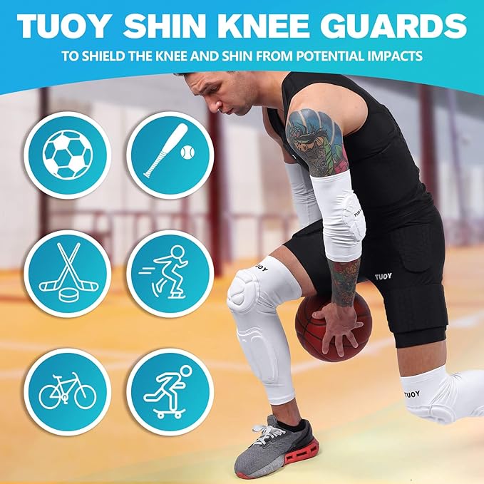 TUOY Knee Pad with Shin Guard Pads, Protective Shin/Knee Sleeve Support for Soccer, Football, Basketball, Wrestling, Volleyball (A Pair)