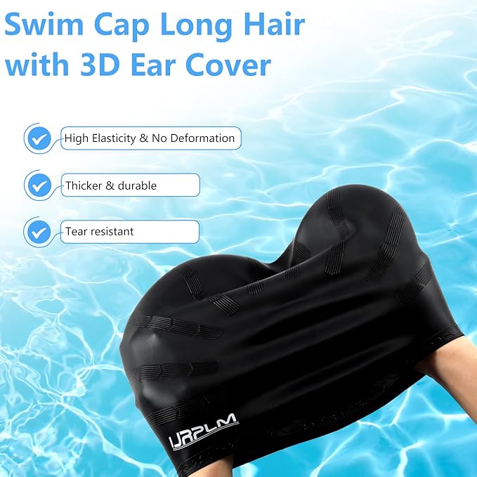 Swim Cap Long Hair,Silicone Swimming Caps with 3D Ear Cover,Waterproof Adult Swim Hats Bathing Caps for Women Men,Keep Your Hair Dry