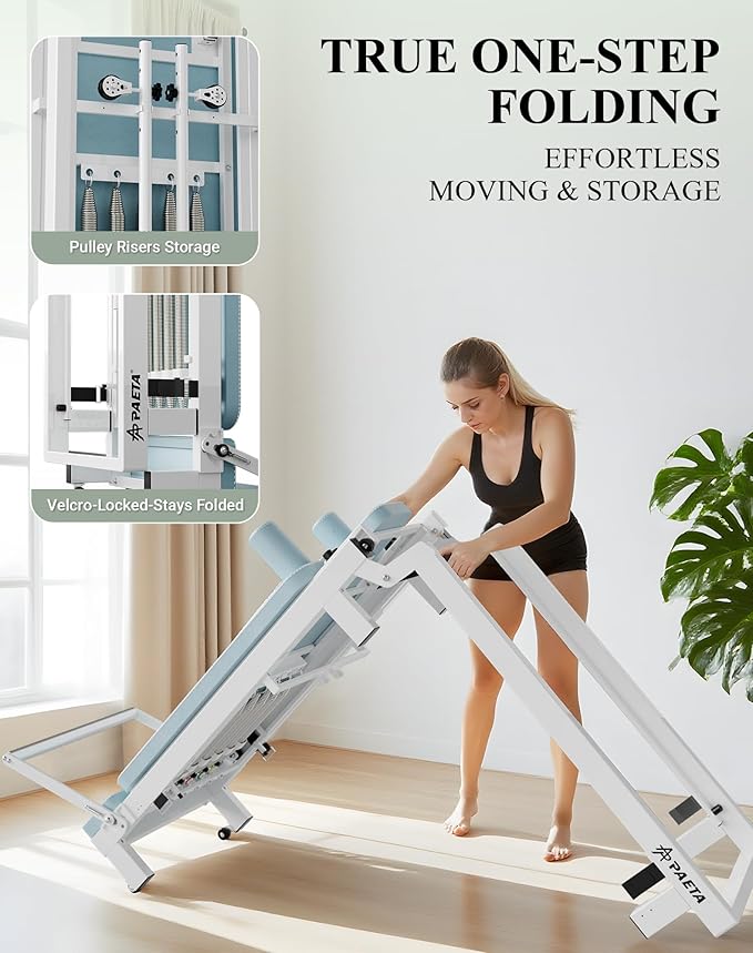PAETA Pilates Reformer, Foldable Reformer Pilates Machine with Music Wire Springs, Pilates Equipment for Home Workouts with Jump Board, Up to 400 LBS