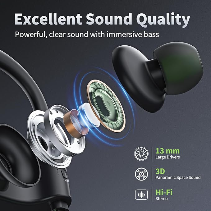 JOYWISE Bluetooth Headphones, Wireless Earbuds IPX7 Waterproof Bluetooth 5.3 Headphones with 16Hrs Playtime Stereo Bass Headsets with Mic Running Headsets with Earhooks for Sports Running Workout