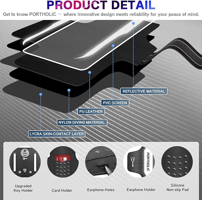 PORTHOLIC 2025 Running Armband Water Resistant Sports Phone Holder Case with Extension Strap, Key Card Slot Up to 6.9" Phone for iPhone 17/16/15/14/13 Plus Air Pro Max XR/XS, Galaxy S25/24/S10