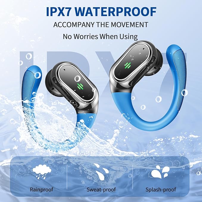 Wireless Earbuds, 2025 Bluetooth 5.4 Headphones Sport, Bluetooth Earbuds with ENC Noise Canceling Mic, 50H Stereo Wireless Headphones IP7 Waterproof with Earhooks, Dual LED Display for Workout/Running