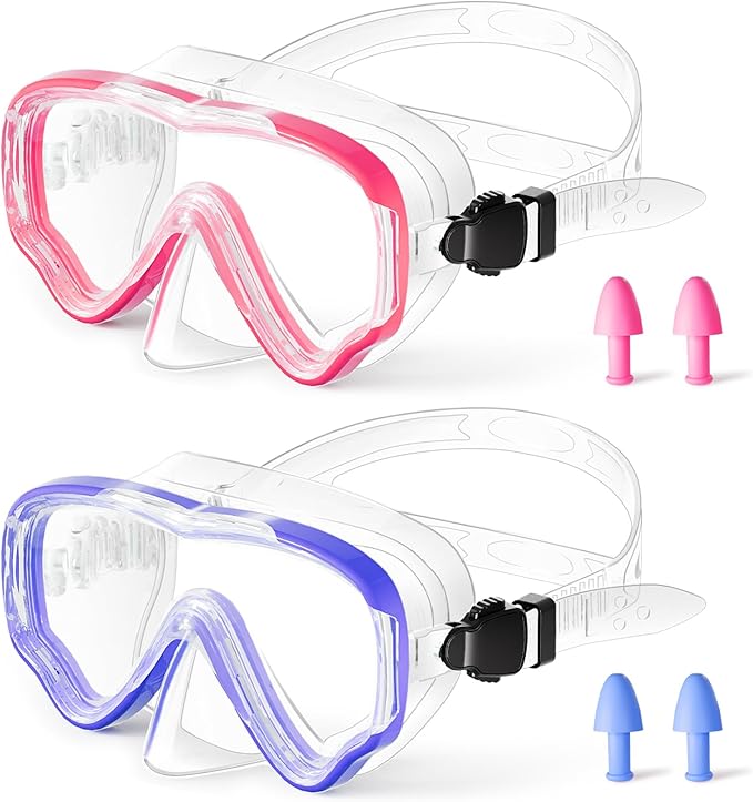 Kids Swim Goggles with Nose Cover, Snorkel Diving Mask Anti-Fog Anti-UV, Snorkeling Gear Swimming Goggles for Kids 3-14 2PCS