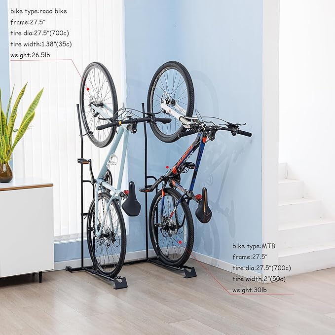 YueTong Vertical Bike Stand, 2 Bike Rack Garage, Upright and Horizontal, Indoor Bicycle Storage for Floor.
